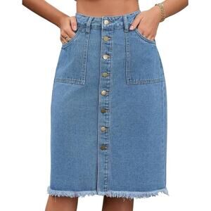 Button Front Denim Midi Skirt